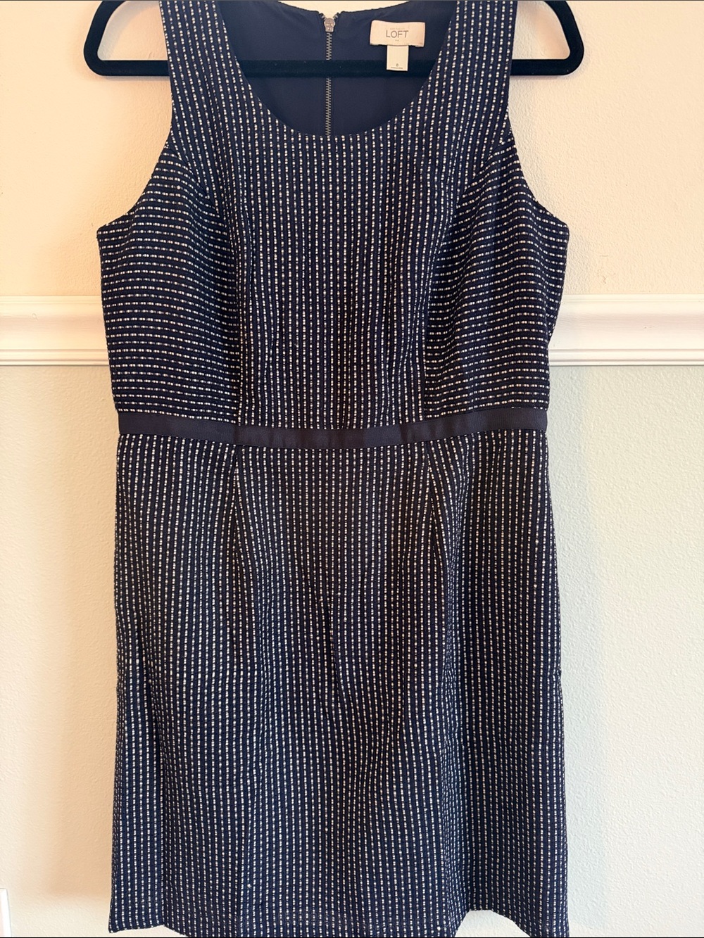 LOFT Navy Sleeveless Midi Sheath Dress with White Pin Dots